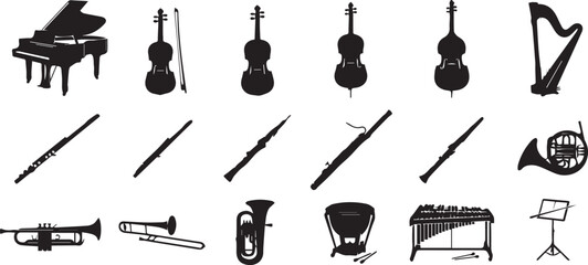 Classical Musical Instruments Silhouette Collection Set, Black Orchestra and Band Icons Bundle Featuring Piano, Strings, Brass, Woodwind and Percussion © Milon