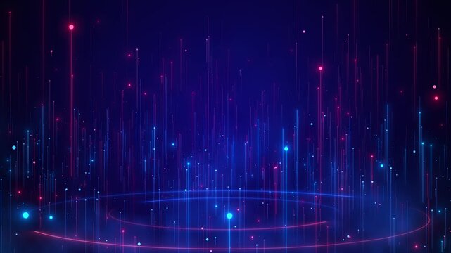 Neon data rain background blue pink vertical light streaks, glowing circular rings, futuristic space. cyber , technology intros, software visuals, digital dashboards, gaming screens, motion overlays.