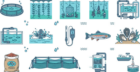 Commercial Aquaculture and Industrial Fish Farming Flat Line Icon Set Featuring Open Ocean Net Pens, Kelp Longlines, Oyster Cages, Recirculating Systems (RAS), and Feed Sacks © MdBiplob