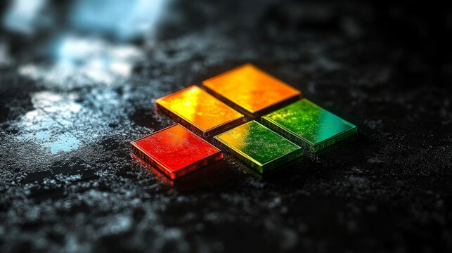 Four translucent squares arranged in a diamond pattern on a dark surface illuminated by colorful lighting effects against a dark.