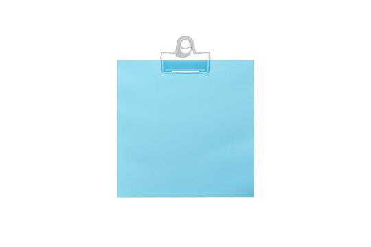 Blank light blue note paper sheet held by metal binder clip, creating a reminder, memo, or tag concept