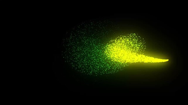 Abstract Neon Green Luminous Cell-Like Particles Flowing in an Organic Wave and Swirl with a Fading Point on Black Background, Perfect for Scientific, Biotech, or Abstract Motion Graphics VFX