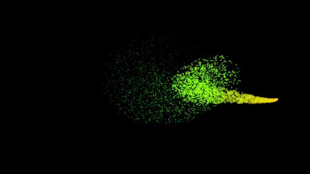 Abstract Neon Green Luminous Cell-Like Particles Flowing in an Organic Wave and Swirl with a Fading Point on Black Background, Perfect for Scientific, Biotech, or Abstract Motion Graphics VFX