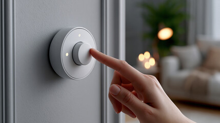 Naklejka premium Smart home device hand pressing button modern interior cozy living room soft lighting technology control comfort relaxation