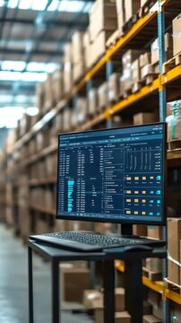 A computer monitor displaying data analytics software stands on a stand in a warehouse with blurred shelves in the background.