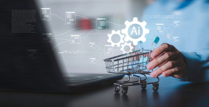 Concept of automated e-commerce, smart retail technology, digital supply chain and logistics workflow on laptop desk. Hand holding mini shopping cart with glowing AI gears and document icons.