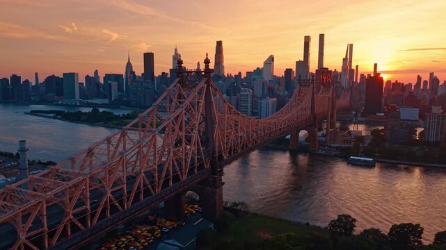 Distancing from the gorgeous Queensboro Bridge across the East River. View on stunning New York skyline against orange sky at sunset.
