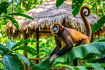 Brown spider monkey sits on large green leaf in jungle. Building with thatched roof behind animal. Rich green trees and foliage surrounds the scene. © Vadym