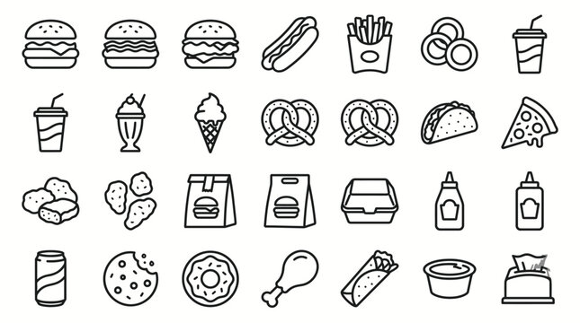 Fast food line icons feature a monochrome collection of various classic meals and snacks for menus.