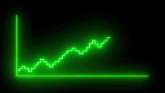 Glowing Neon Green Stepped Line Graph Chart Showing Upward Bullish Trend, Growth Analytics, Profit Rise and Stock Market Success on Black Background VFX Motion Graphics Element for Business Video