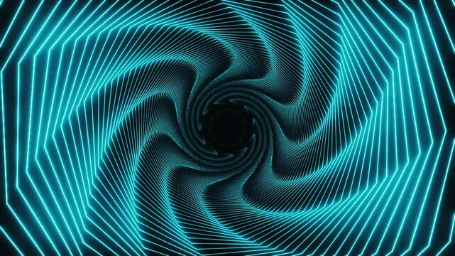 Cyan neon geometric lines hypnotic tunnel rotating endlessly into darkness. Abstract futuristic spiraling geometric corridor loop for background, VJ loops, sci-fi concept, concert display.