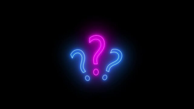 Glowing Neon Pink and Blue Question Mark Symbols Isolated on Black Background, Modern Cyberpunk Query Punctuation Mark Graphic Icon Set for Quiz, Help Center, Solution, FAQ, and VFX Motion Overlay