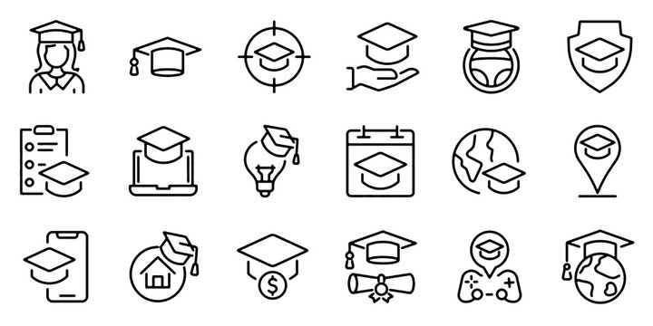 graduation hat, education icon set. Linear icon collection. Editable stroke. Vector illustration
