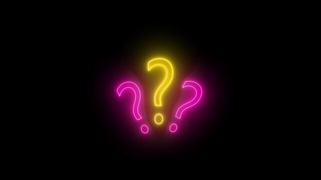 Glowing Neon Pink and Blue Question Mark Symbols Isolated on Black Background, Modern Cyberpunk Query Punctuation Mark Graphic Icon Set for Quiz, Help Center, Solution, FAQ, and VFX Motion Overlay