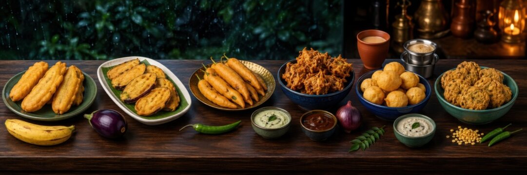 Indian Monsoon Snacks Platter With Chai And Chutneys