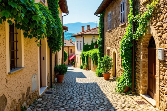 Narrow cobbled street runs through small medieval village in southern Europe. Traditional stone houses with green ivy plants, wooden shutters line old path. Sunny summer day light illuminates quiet