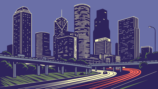 Downtown houston skyline at night with highway light trails