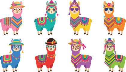 Whimsical cartoon llama vector illustrations with vibrant clothing, accessories, Andean cultural patterns, cheerful colors, and playful character designs © MD FAJLUL