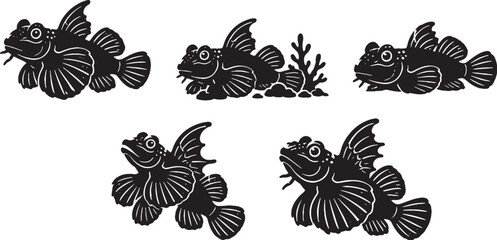 Mandarin Dragonet Silhouette Icon Set Black Vector Reef Aquarium Fish Collection © chien
