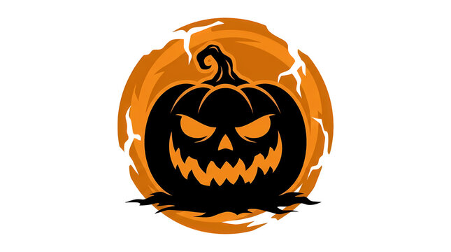 Scary black pumpkin face with orange swirly background for halloween.