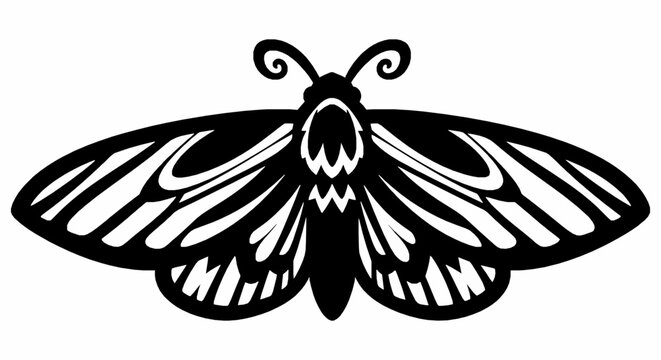 Minimalist black and white moth illustration featuring symmetrical wing patterns on clean white background surface