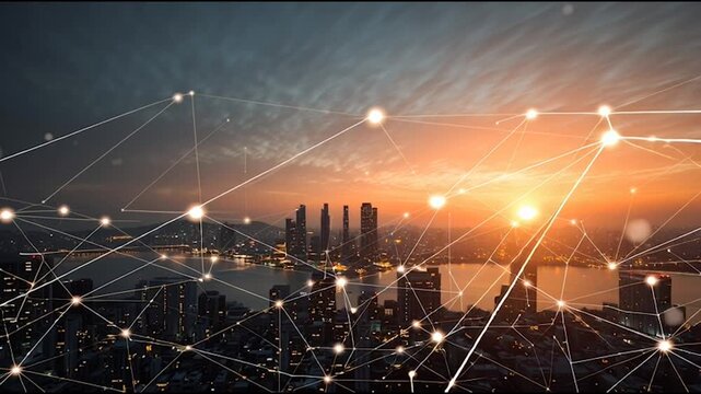 abstract cloud social media innovative cyber security network, using interconnected nodes to represent business partnerships on the Smart digital Innovation city with connection network reciprocity ov