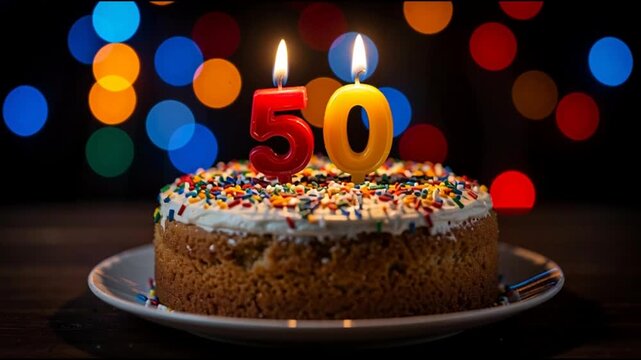 Delicious cake with lit candles for a 50th birthday celebration
