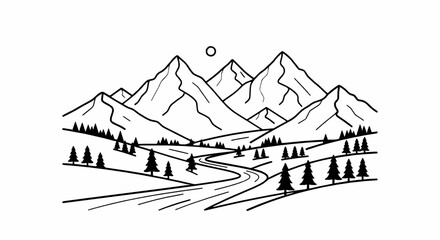 Fototapeta premium Minimalist black and white line drawing of majestic mountains with winding river with vector illustration mountain