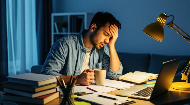 Tired young male student works on laptop at desk late night. Exhausted man holds coffee cup reading textbooks in dark room. Feels frustrated, stressed by heavy academic pressure, difficult homework