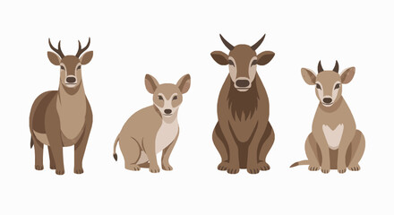 Naklejka premium Set of four stylized brown forest animals including deer and cattle vector illustration collection with plain white background