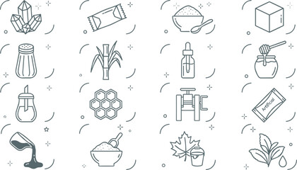 Natural Sweeteners and Organic Food Ingredients Line Icon Set Featuring Honey, Sugar, Syrup, Salt, Herbs, and Healthy Nutrition Vector Collection © Minara