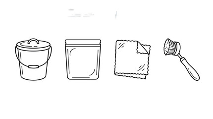 Sanitation tools present a bucket, a storage pouch, a clean wipe, and a handheld brush designed for basic residential cleaning and organization tasks. © cah