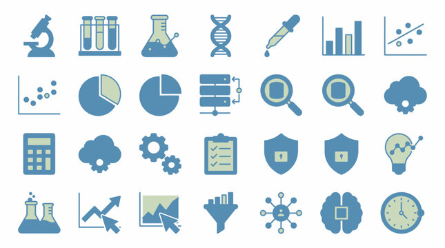 Scientific research icons represent laboratory equipment and data analysis tools for modern business and academic studies.