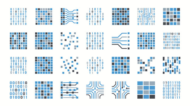 Digital data patterns showcase binary code sequences and abstract circuit board diagrams representing modern computing and information technology systems.