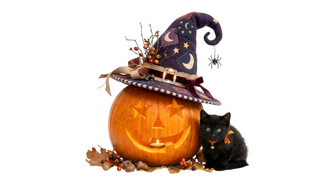 Scary jack o lantern pumpkin with witch hat, black cat, spider and autumn decorations for halloween.