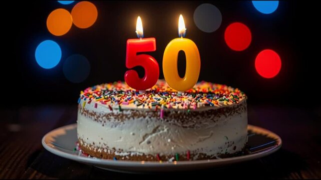 Celebration of a 50th birthday with lit candles on a colorful cake