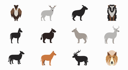 Obraz premium Minimalist vector collection featuring diverse wild animal silhouettes and stylized portraits isolated on white background