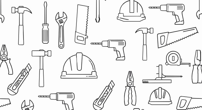 Seamless pattern featuring various construction tools and safety equipment icons on white background