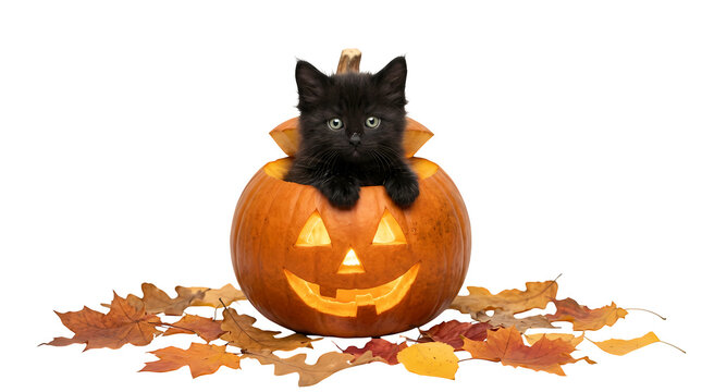 Small black kitten sits inside glowing jack o lantern surrounded by autumn leaves.