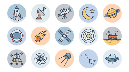 Space exploration icons depict rockets, satellites, planets, astronauts, and constellations within circular frames for scientific educational materials. © cah