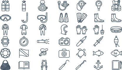 Scuba Diving and Underwater Adventure Line Icon Set Featuring Diving Equipment, Marine Safety, Snorkeling Gear, Ocean Exploration, and Water Sports Vector Collection © Minara