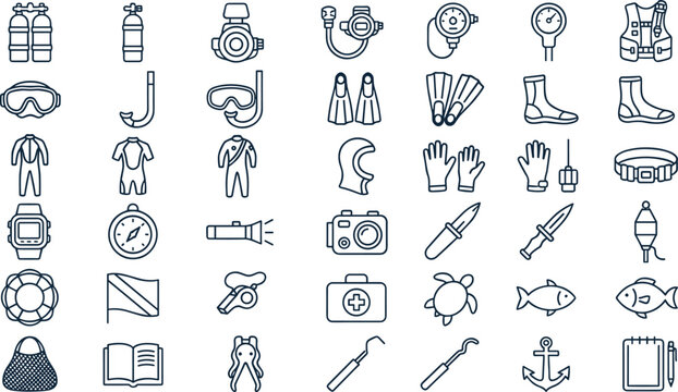 Scuba Diving and Underwater Adventure Line Icon Set Featuring Diving Equipment, Marine Safety, Snorkeling Gear, Ocean Exploration, and Water Sports Vector Collection
