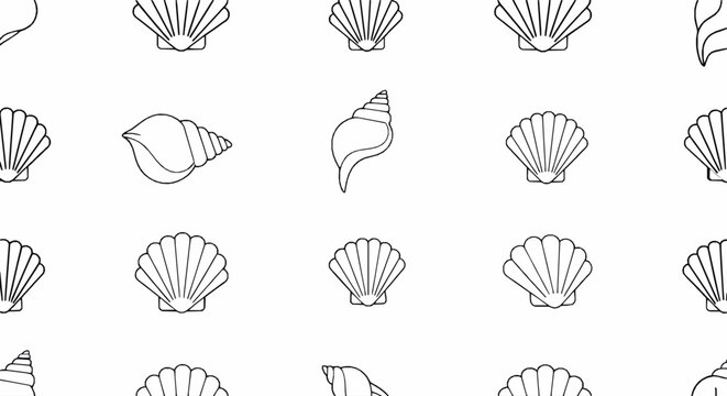 Seamless pattern featuring minimalist black outline seashell icons on a plain white background with seashell illustrations arranged