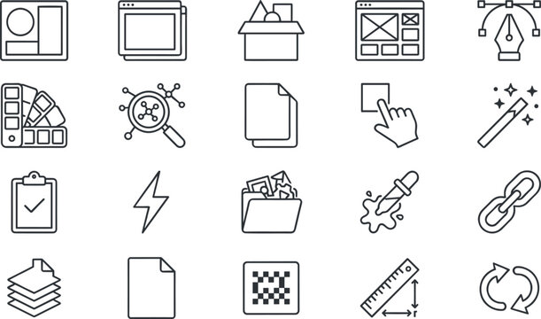 Graphic Design and Creative Tools Line Icon Set Featuring UI Design, Wireframing, Color Palette, Prototyping, and Digital Design Workflow Collection