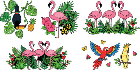Tropical Birds and Pink Flamingo Vector Set with Toucan Macaw Parrot Palm Leaves Hibiscus Flowers and Monstera for Summer Safari Travel and Exotic Graphic Designs © Rtazmina