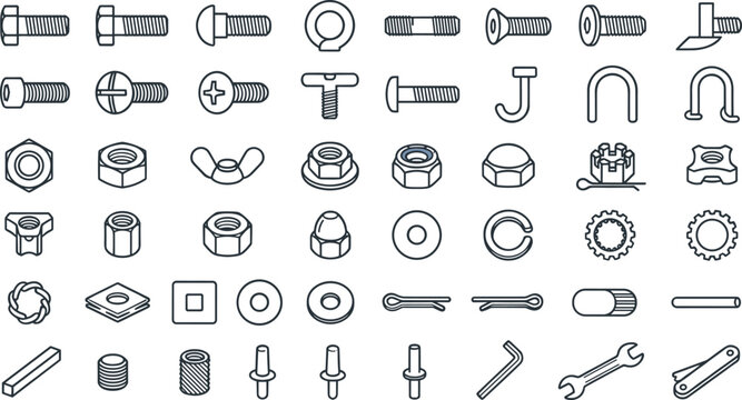 Fasteners and Hardware Line Icon Set Featuring Bolts, Screws, Nuts, Washers, Hooks, Retaining Clips, and Mechanical Components Vector Collection