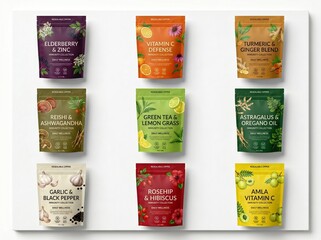 Fototapeta premium A grid display of nine colorful pouches containing various herbal blends and dietary supplements like elderberry, turmeric, green tea, and vitamin C.