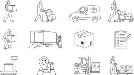 Fototapeta premium Logistics and Warehouse Operations Line Icon Set Featuring Package Delivery, Shipping, Forklift, Inventory Management, Courier Service, and Supply Chain Vector Collection