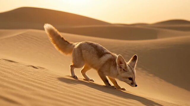Fennec Fox Foraging in Golden Desert Dunes at Sunset.