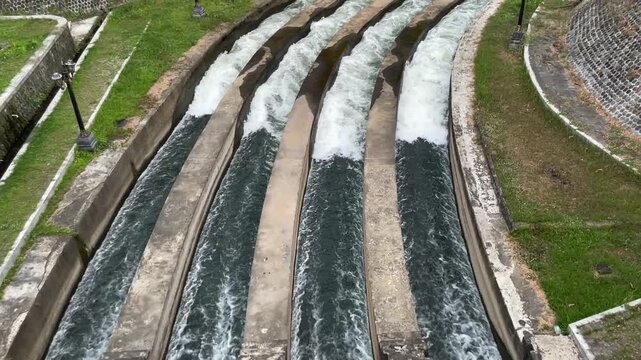 Water flowing through a concrete dam sluice gate